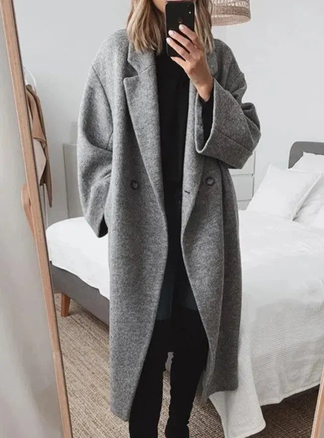 Relaxed Double-Breasted Long Coat in Grey