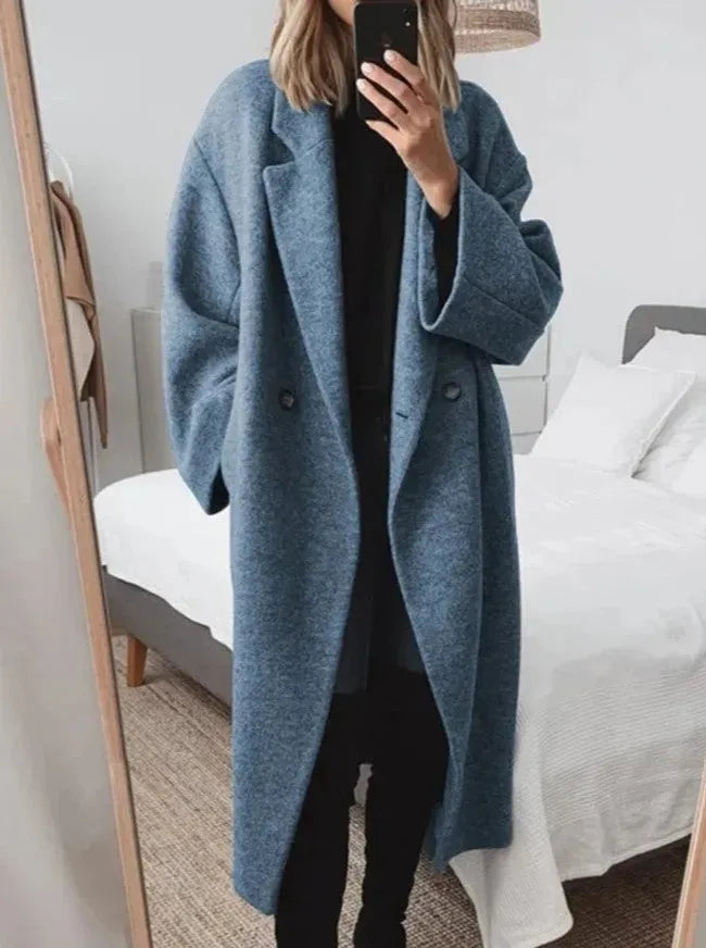 Relaxed Double-Breasted Long Coat in Navy Blue