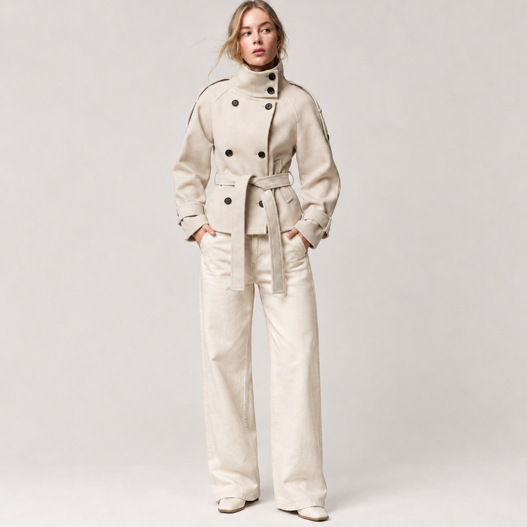 Short Belted Trench Jacket in Beige