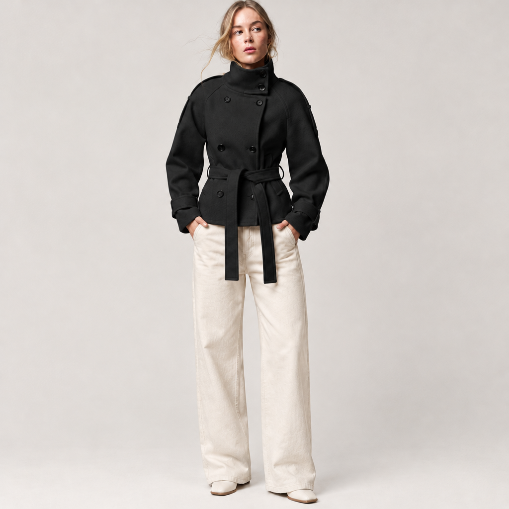 Short Belted Trench Jacket in Black