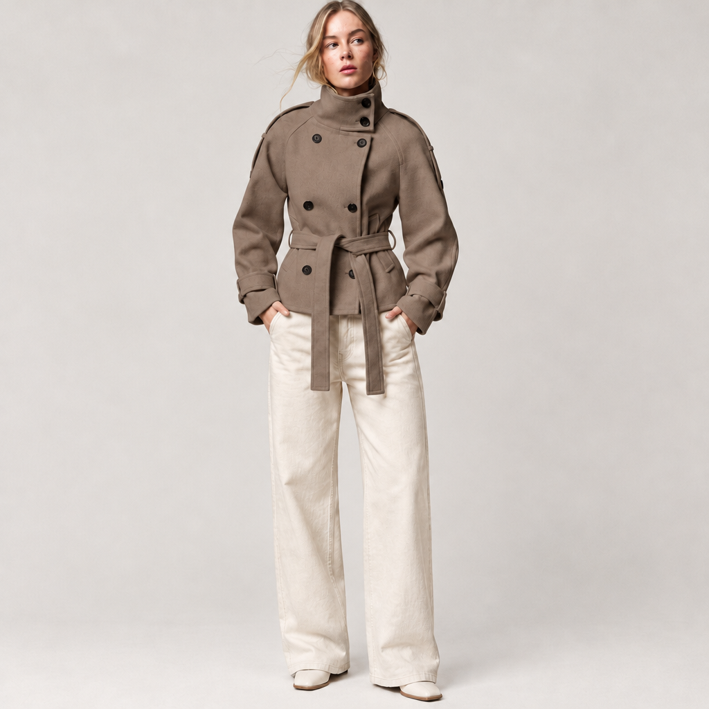 Short Belted Trench Jacket in Brown