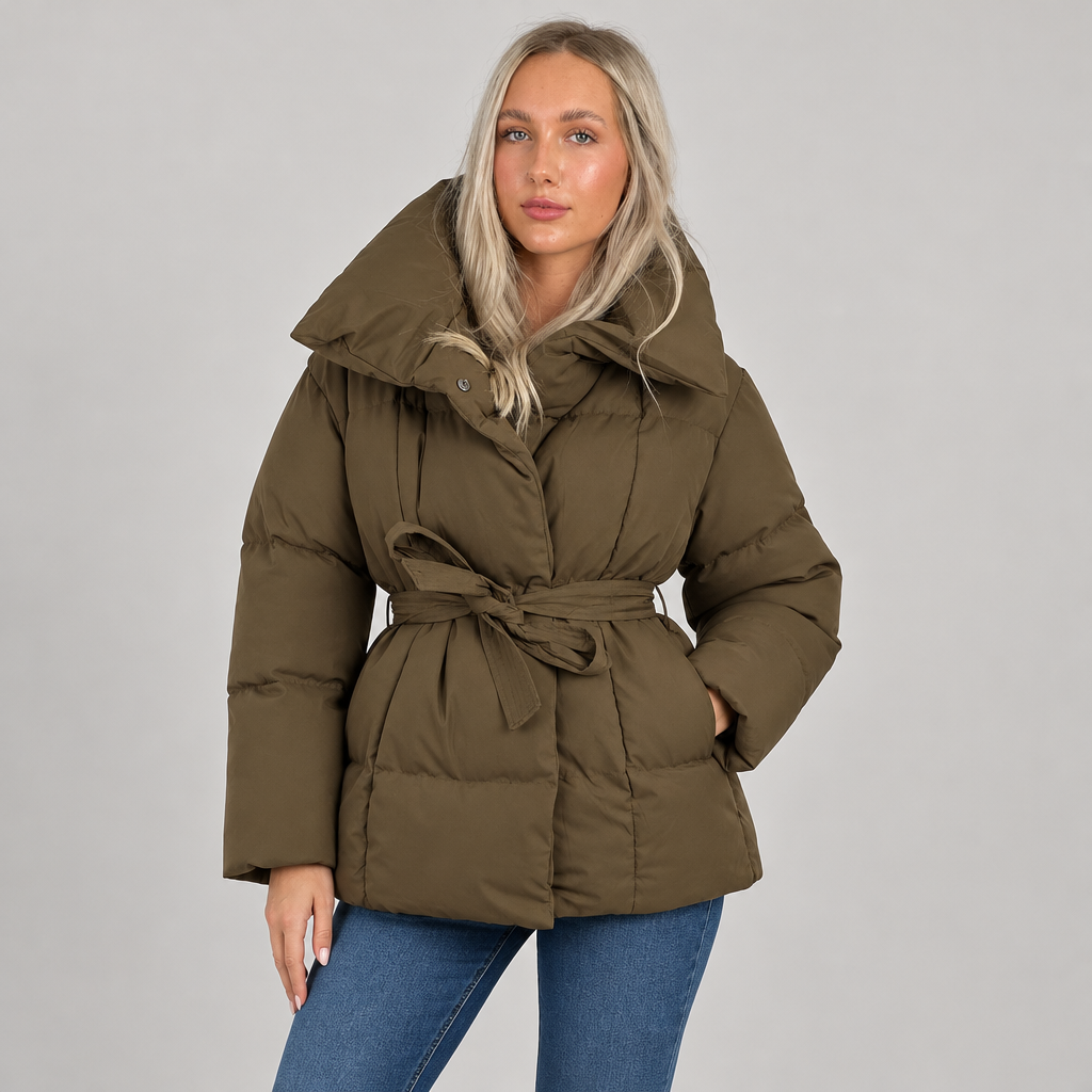 Woman wearing the Short Quilted Winter Jacket with Fitted Waist
