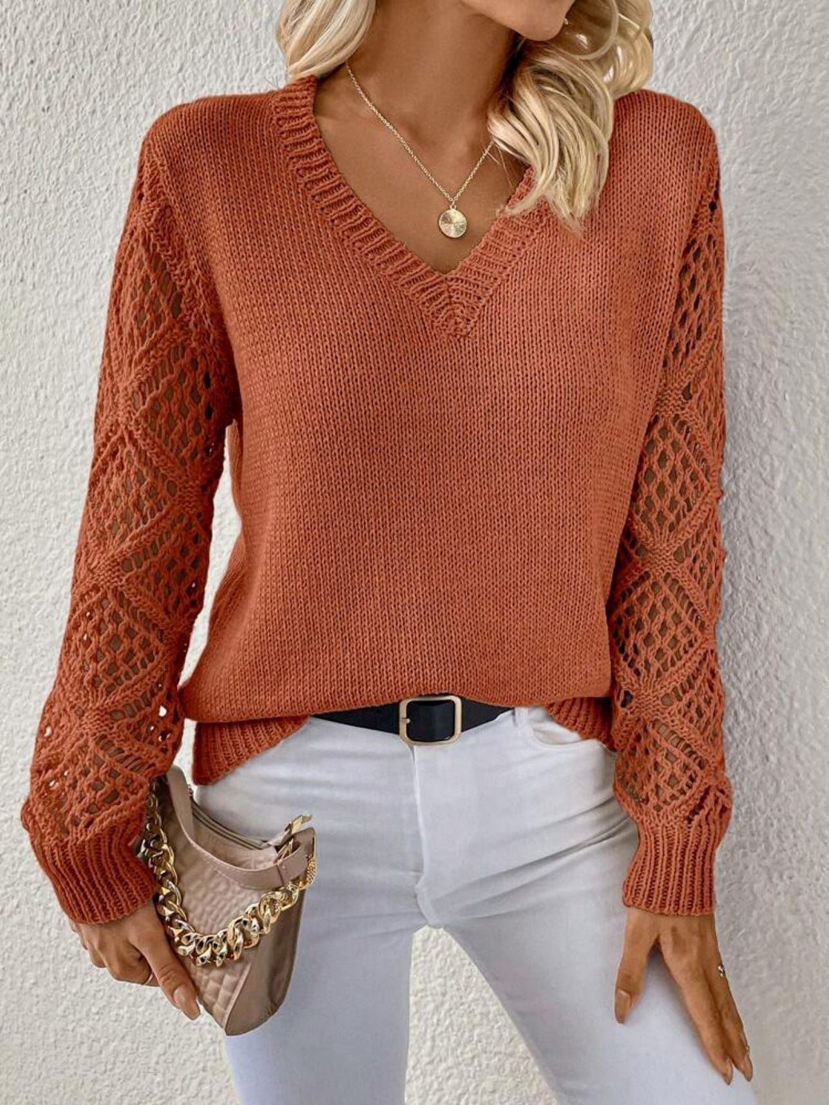 Soft V-Neck Sweater with Pointelle Sleeves in Caramel