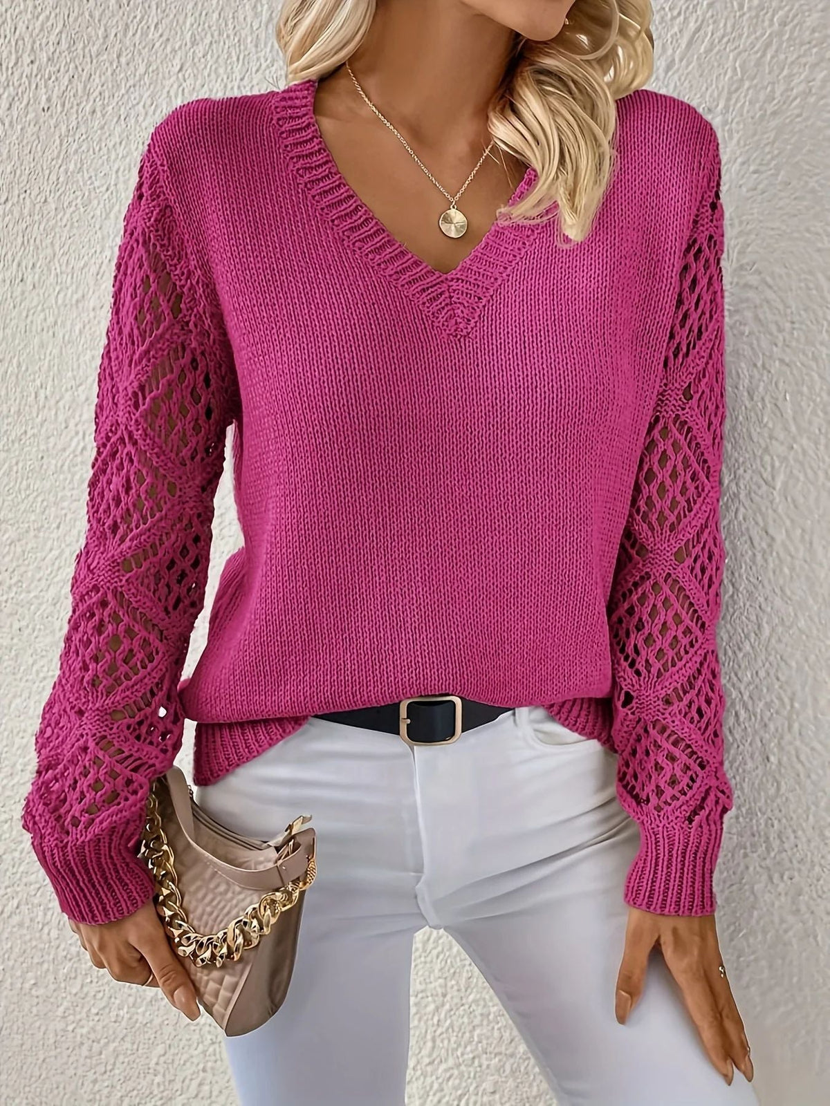 Soft V-Neck Sweater with Pointelle Sleeves in Dark Pink