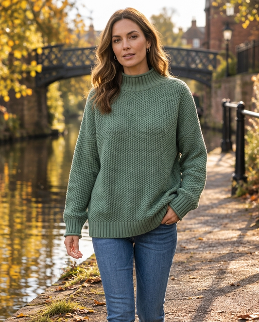 Woman wearing the Textured Mock Neck Jumper on an autumn street in the UK