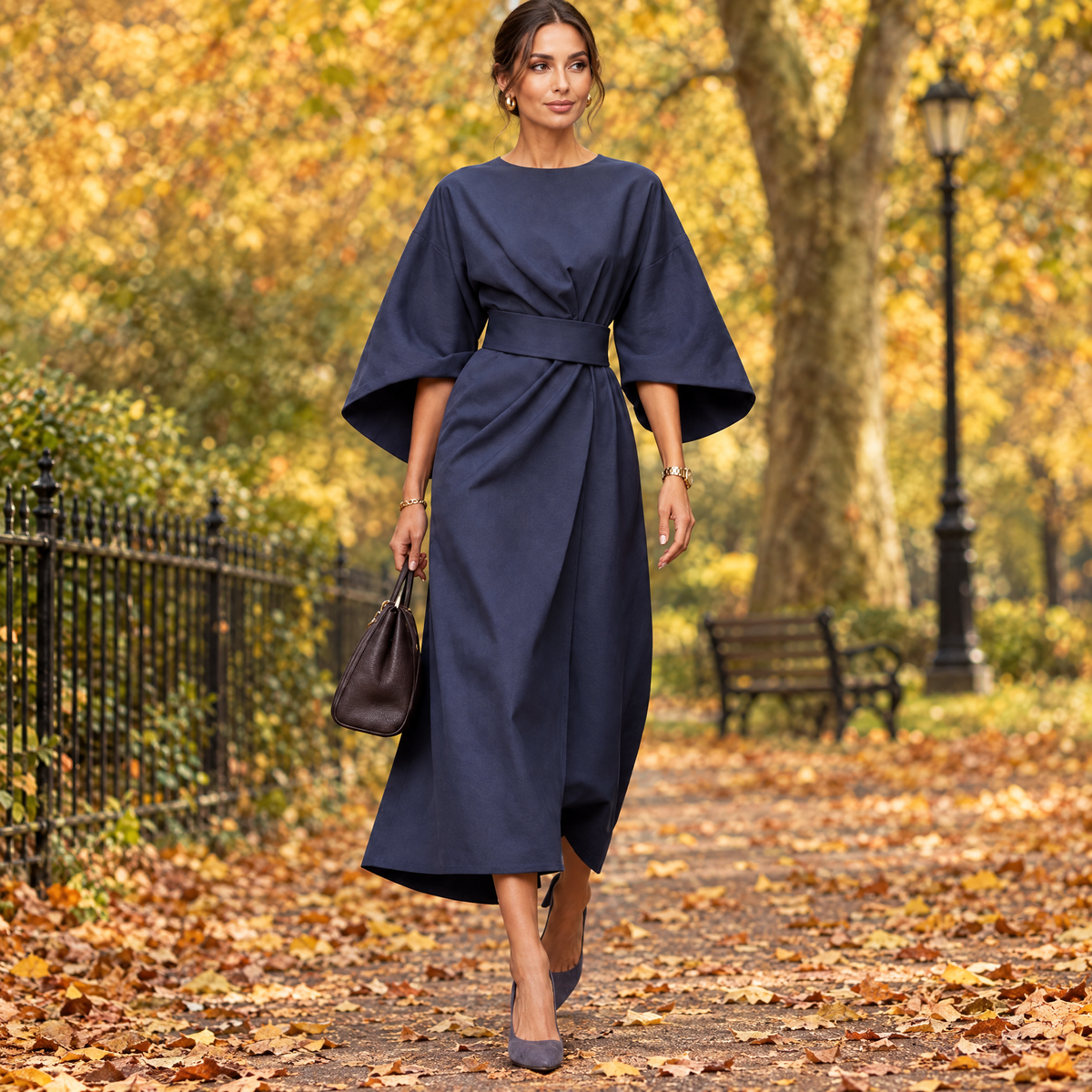 Woman wearing the Thea lantern sleeve belted maxi dress