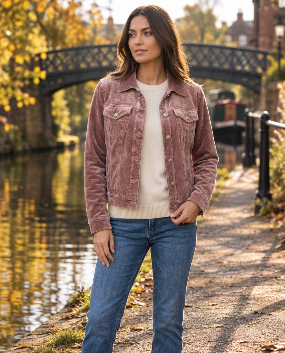 Woman wearing the Vintage Wash Button Jacket on an autumn street in the UK