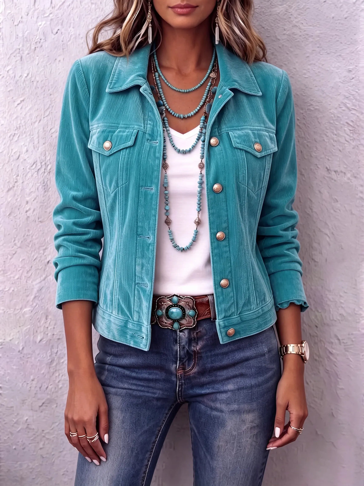 Woman wearing the Vintage Wash Button Jacket
