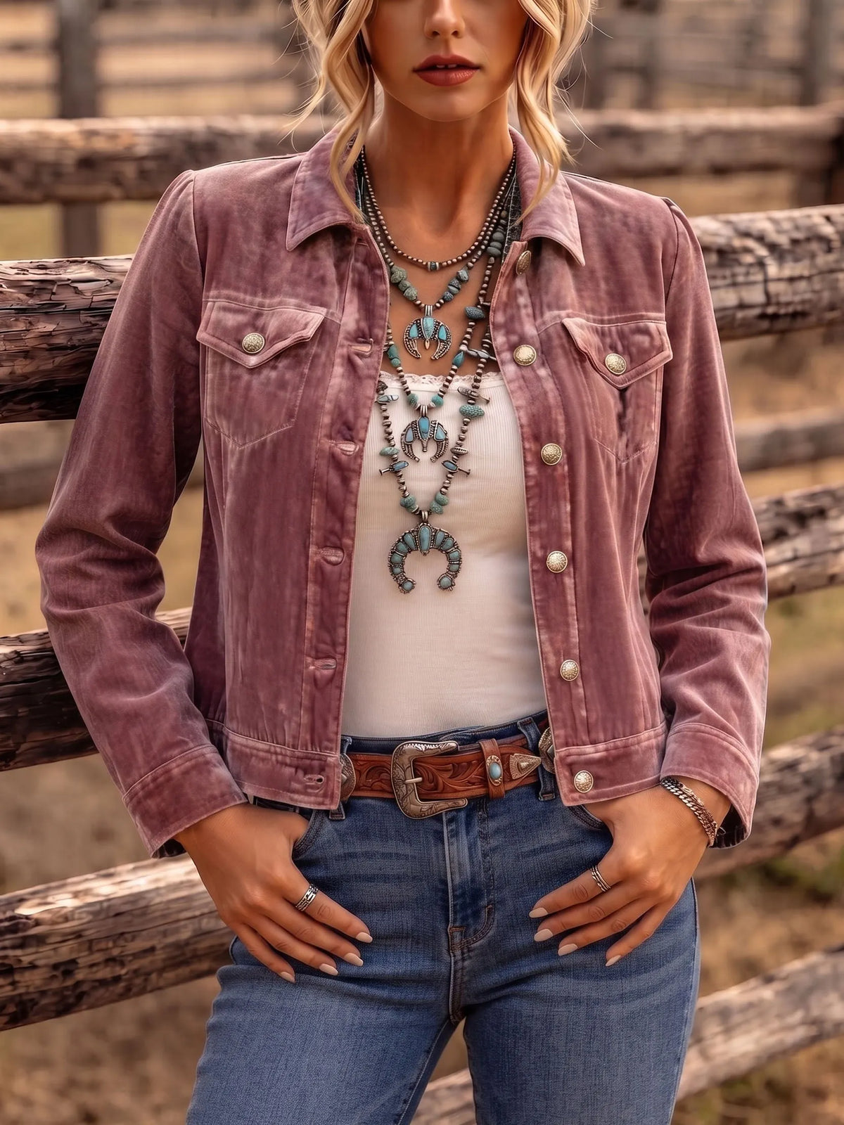 Woman wearing the Vintage Wash Button Jacket