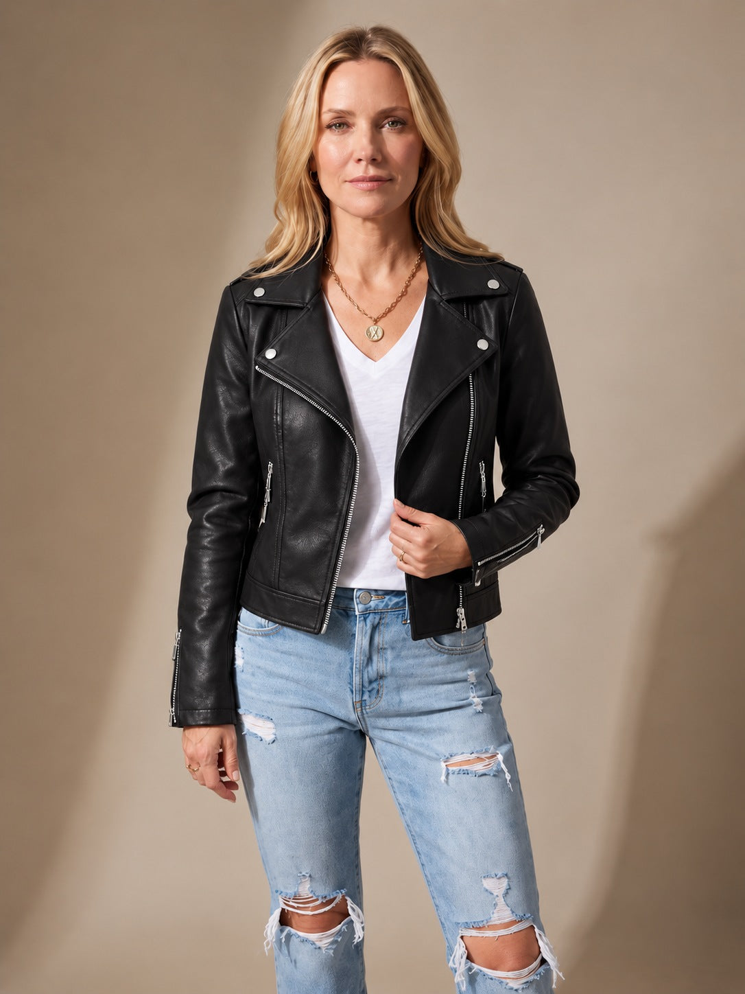 Women's faux leather moto jacket in Black