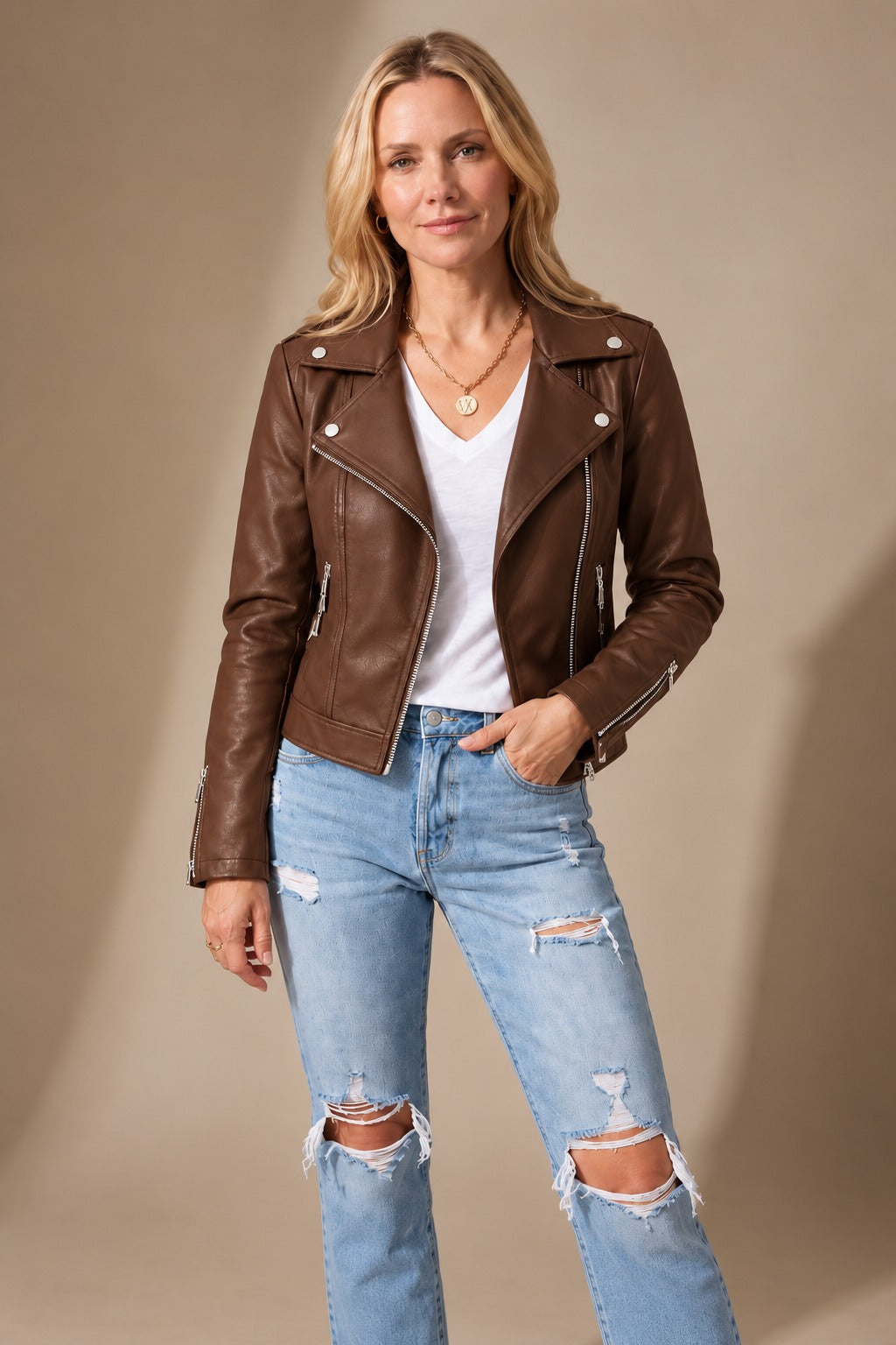 Women's faux leather moto jacket in Brown