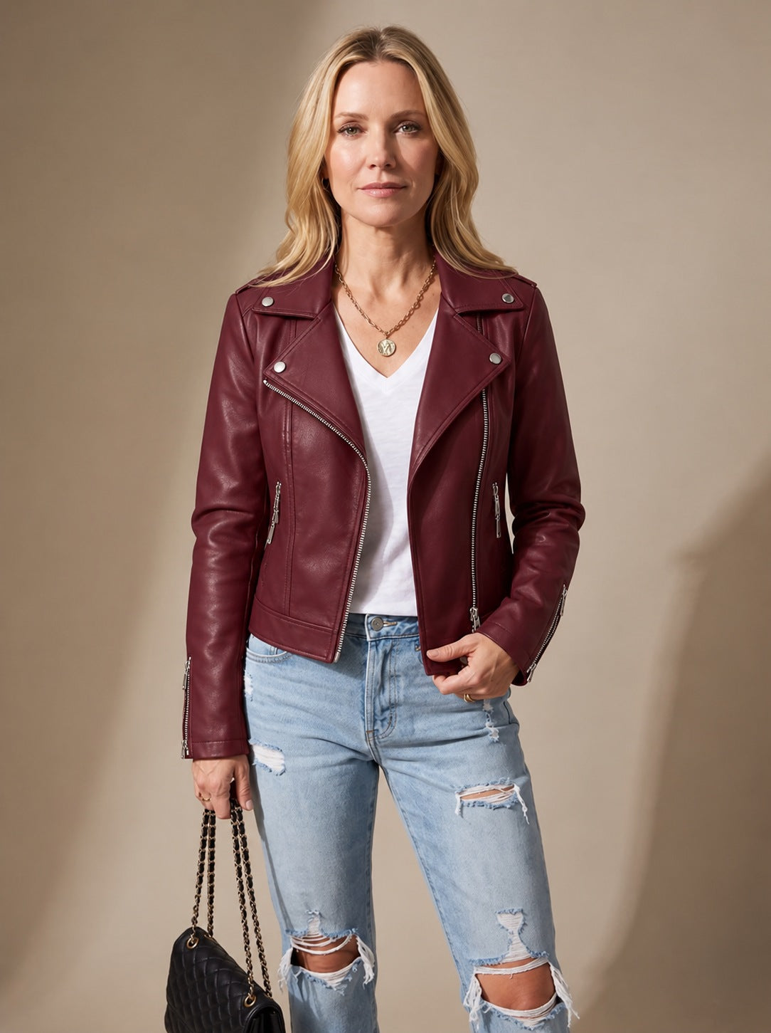 Women's faux leather moto jacket in Red