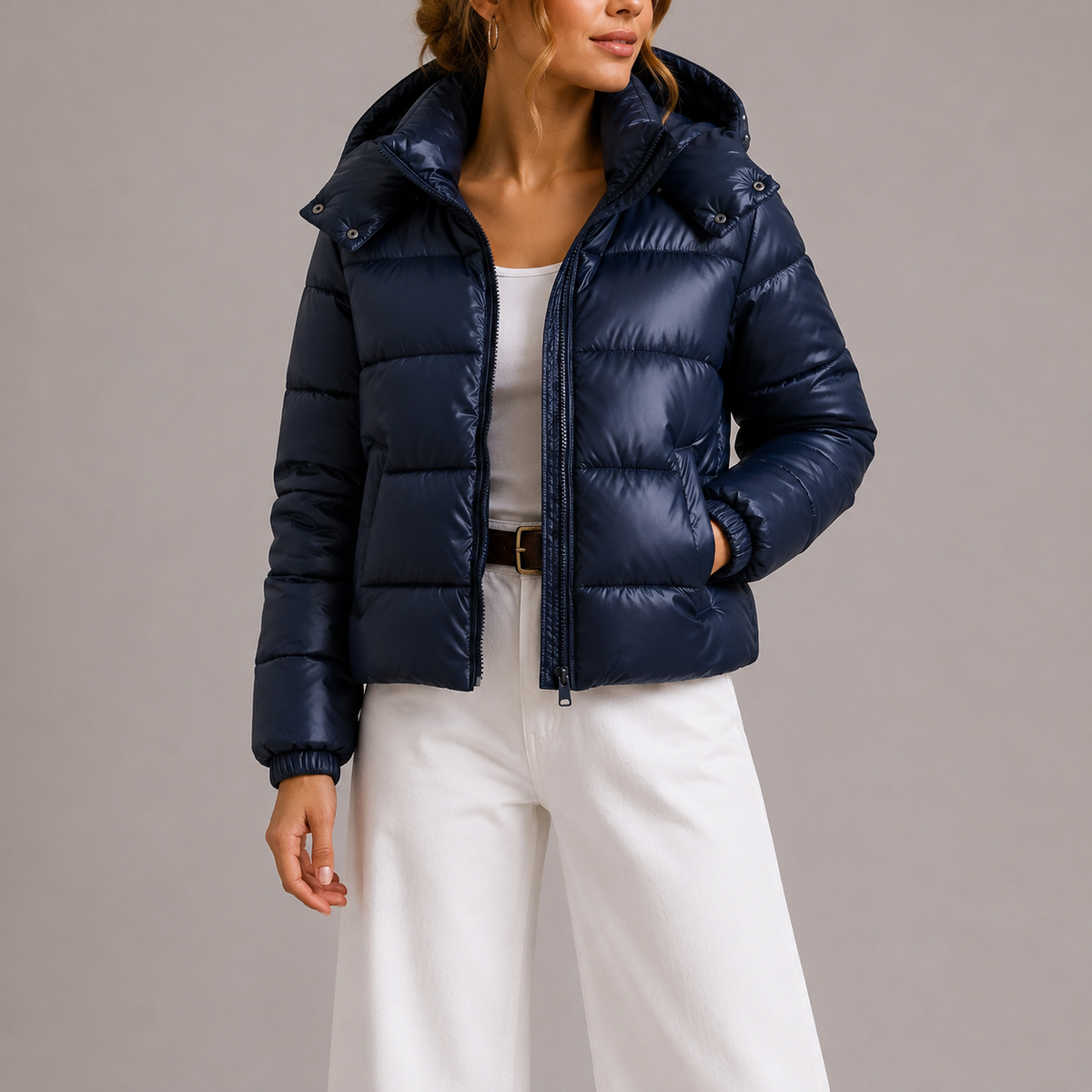 Women's hooded puffer jacket, view 2