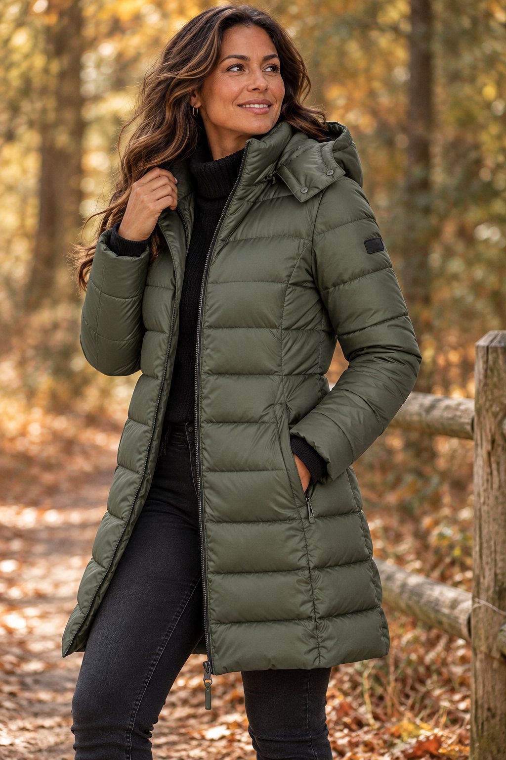 Women's long hooded puffer coat, view 10