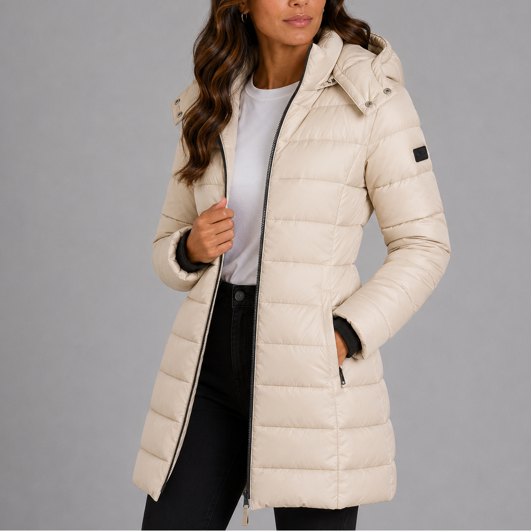 Women's long hooded puffer coat, view 11