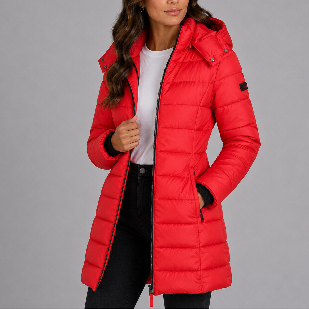 Women's long hooded puffer coat, view 13