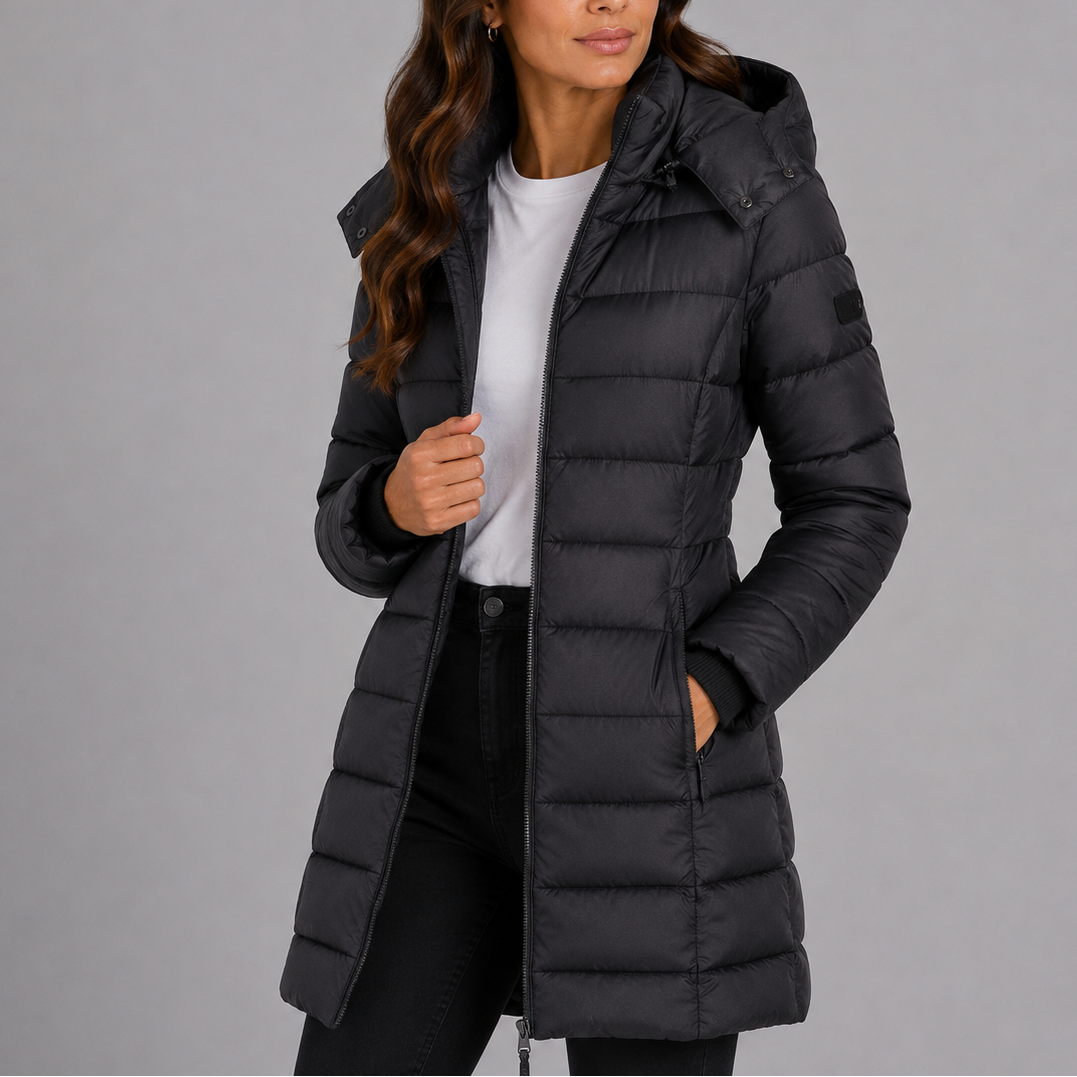 Women's long hooded puffer coat, view 14