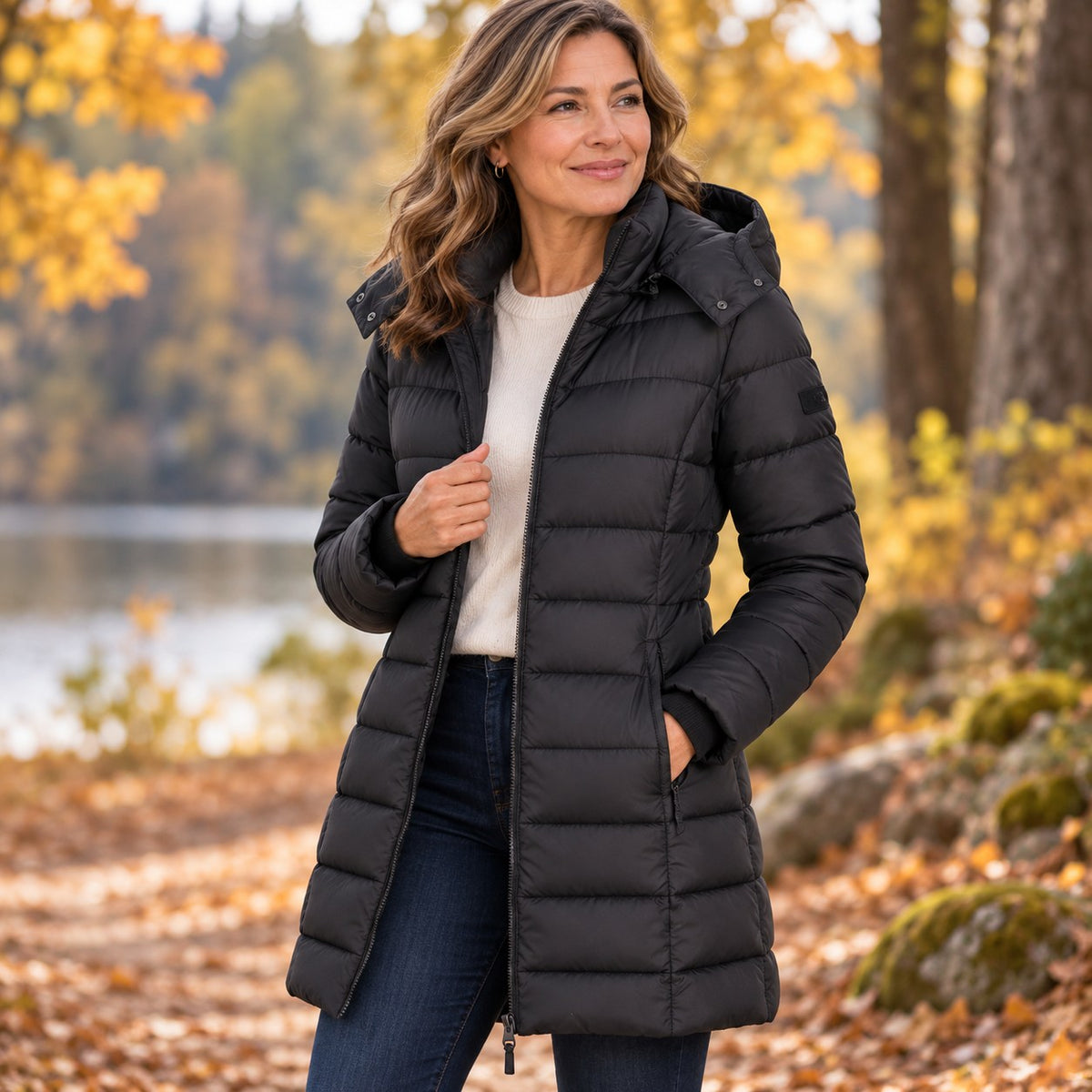 Women's long hooded puffer coat, view 15
