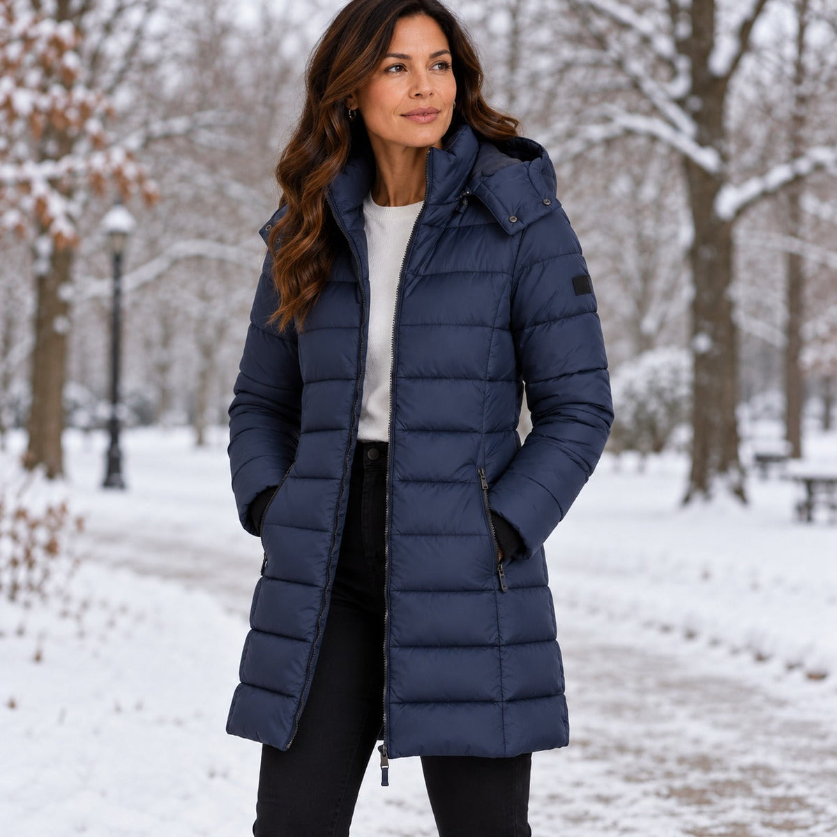 Women's long hooded puffer coat, view 2
