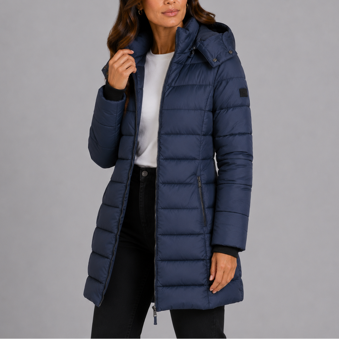 Women's long hooded puffer coat, view 3