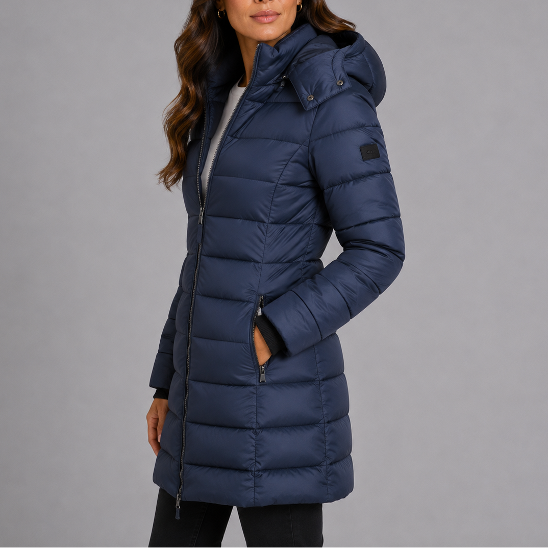 Women's long hooded puffer coat, view 4