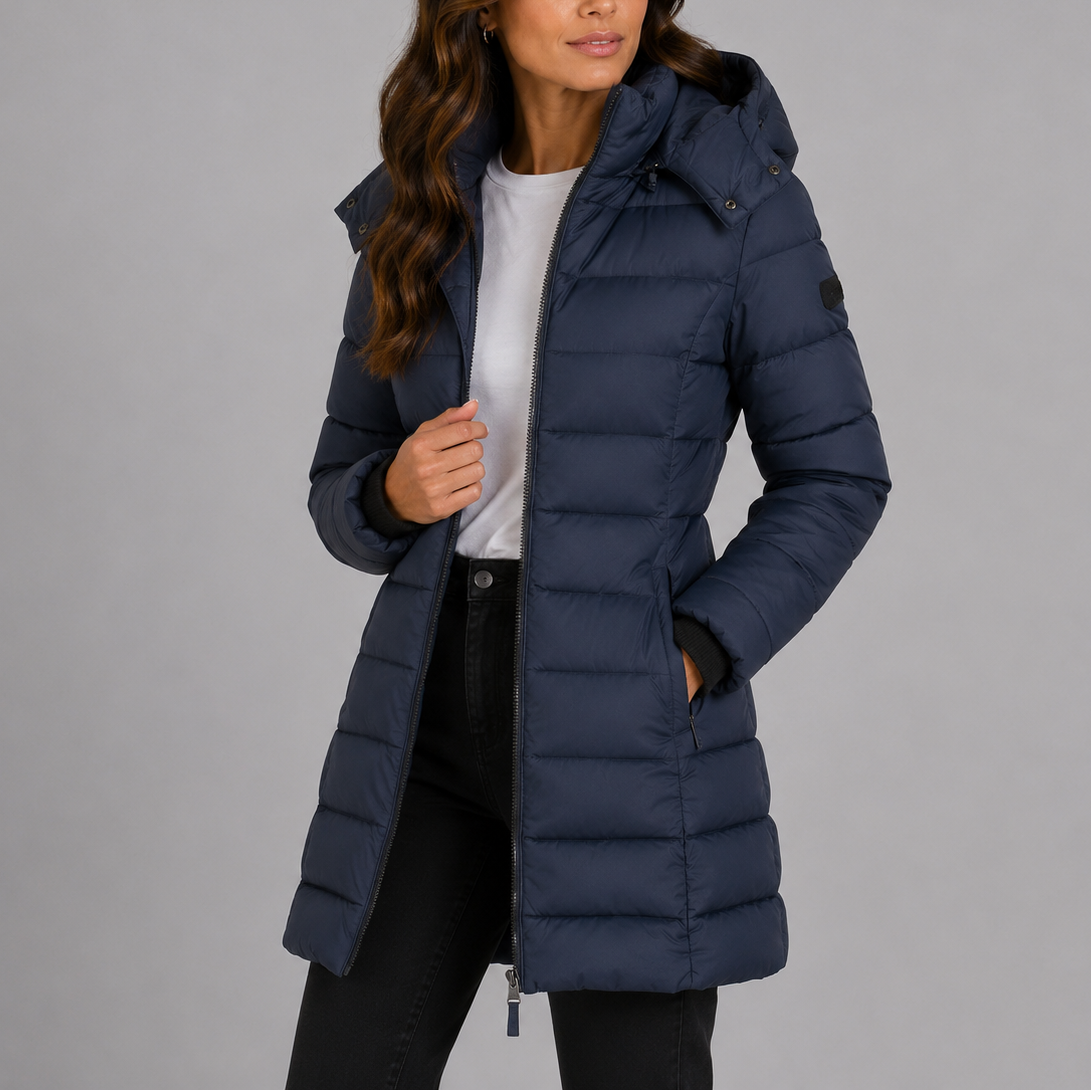 Women's long hooded puffer coat, view 6