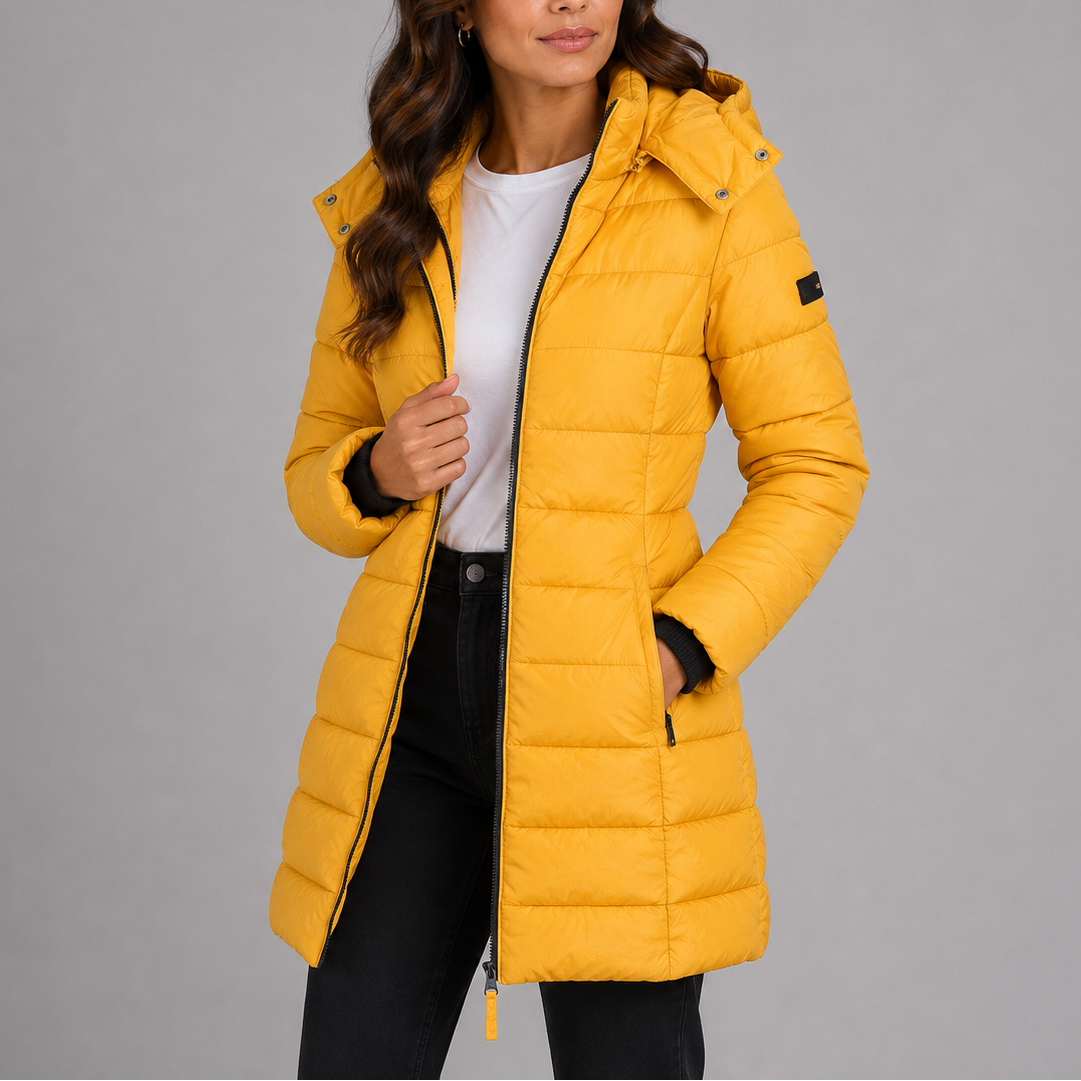 Women's long hooded puffer coat, view 7