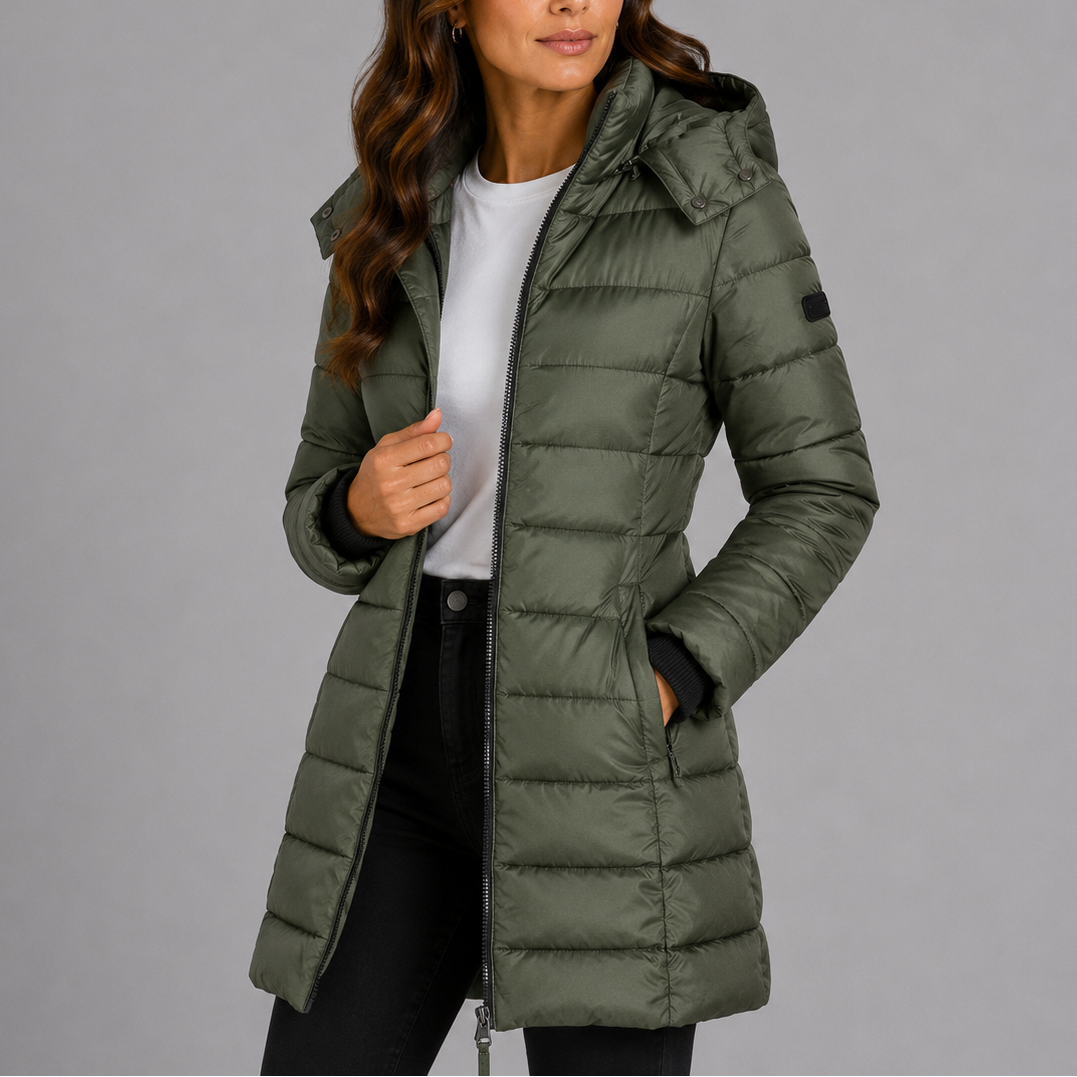 Women's long hooded puffer coat, view 9