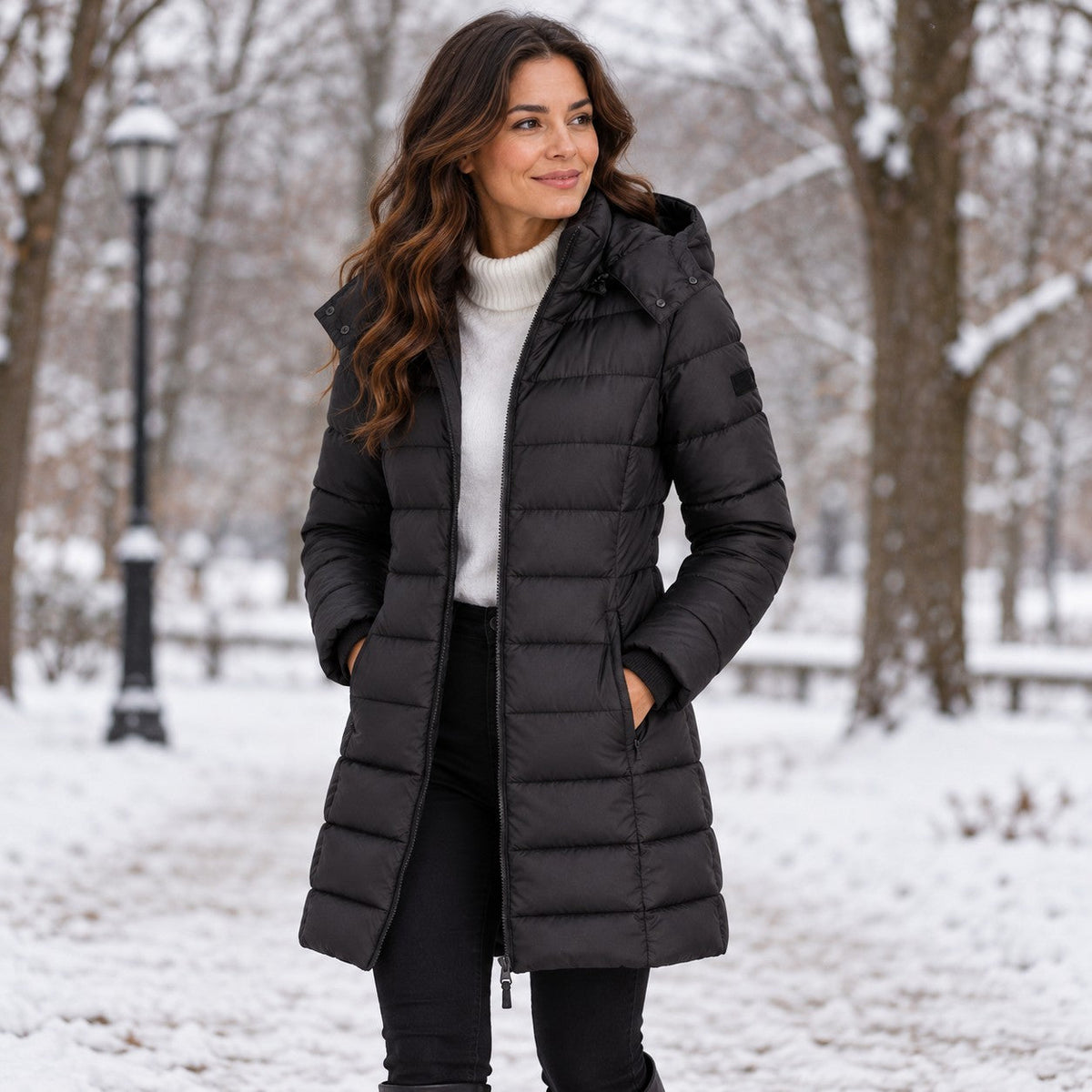 Women's long hooded puffer coat in Black