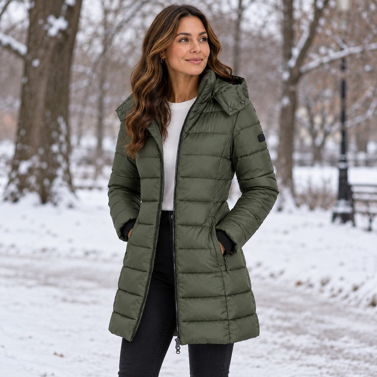 Women's long hooded puffer coat in Green