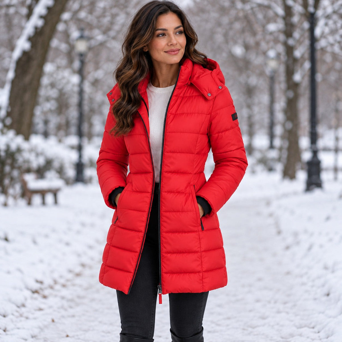 Women's long hooded puffer coat in Red