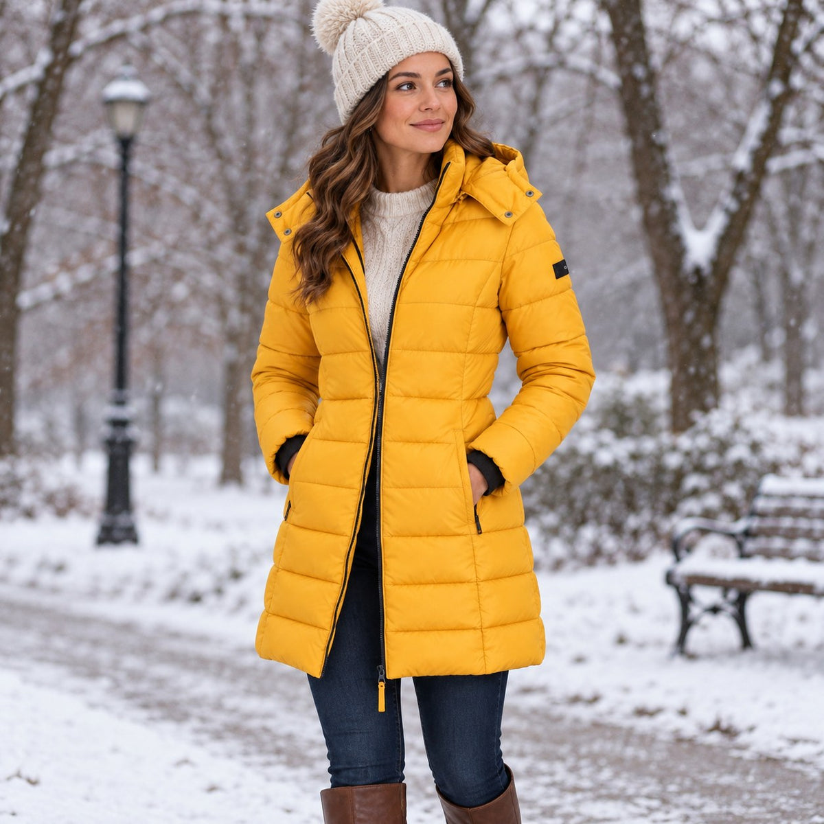 Women's long hooded puffer coat in Yellow