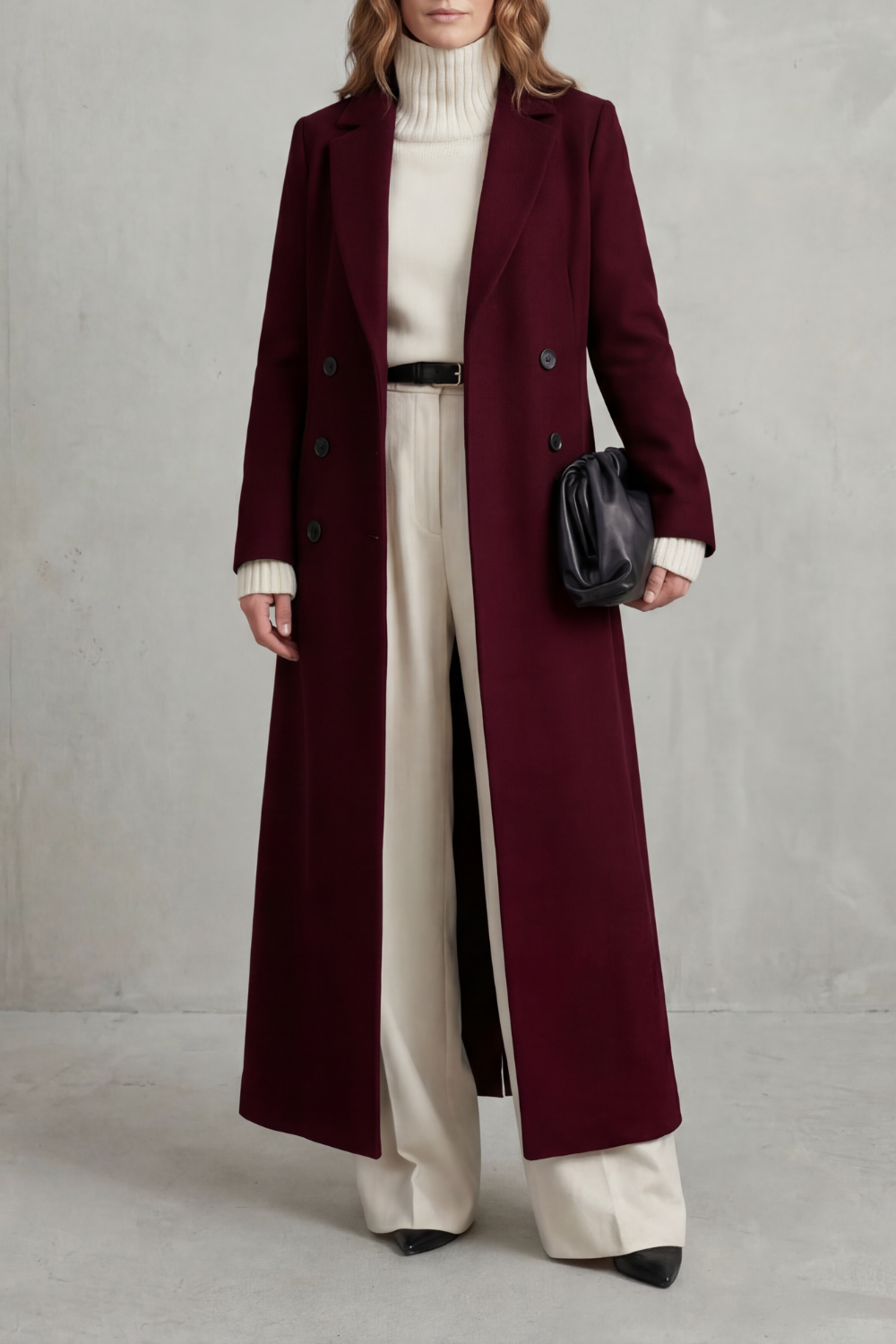 Women's long tailored coat in Wine Red