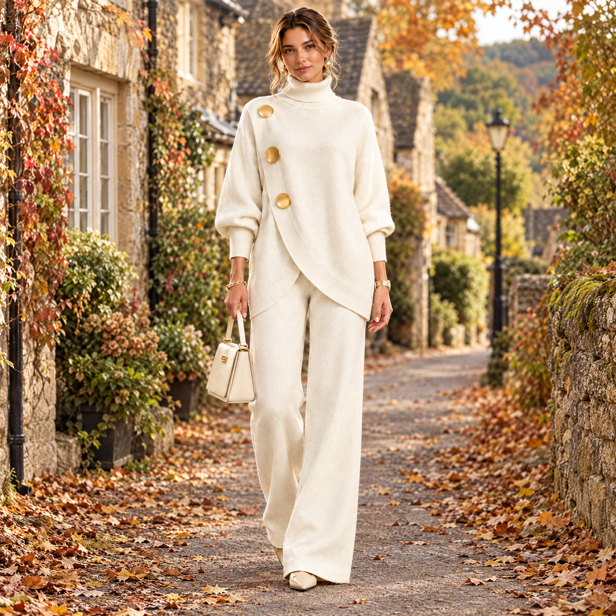 Woman wearing the Wrenna knit turtleneck jumper and trousers set