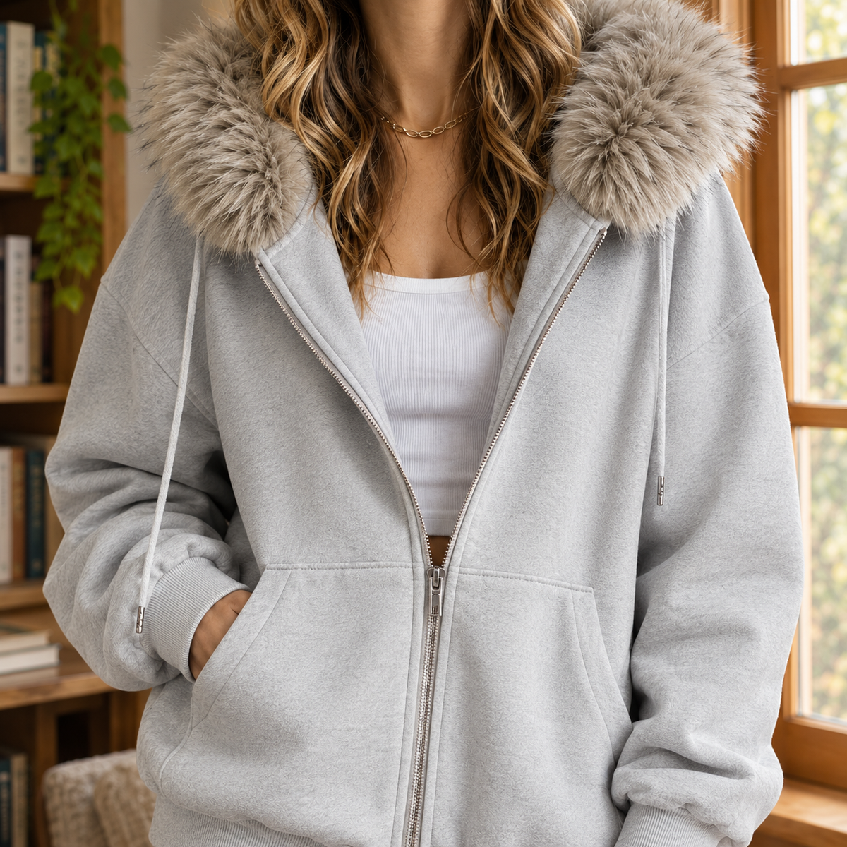 Kasia | Women's Oversized Faux Fur Hood Zip Hoodie