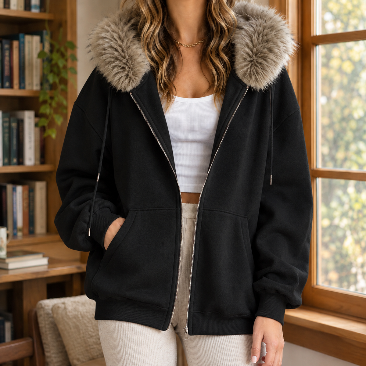 Kasia | Women's Oversized Faux Fur Hood Zip Hoodie