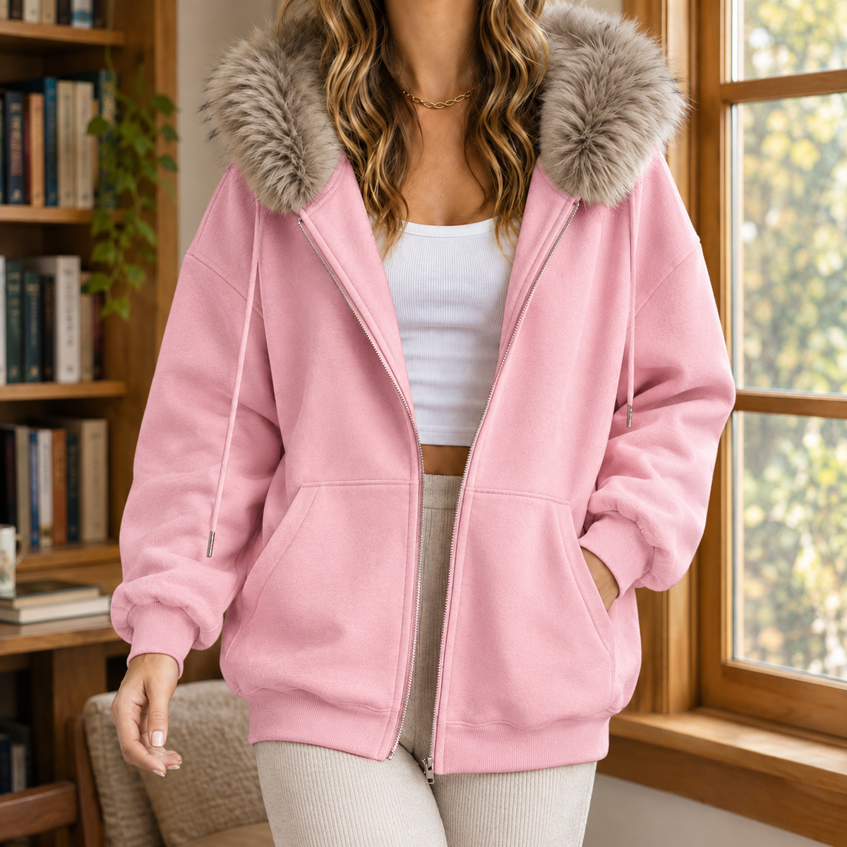 Kasia | Women's Oversized Faux Fur Hood Zip Hoodie