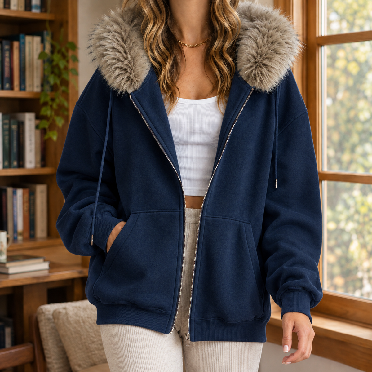 Kasia | Women's Oversized Faux Fur Hood Zip Hoodie