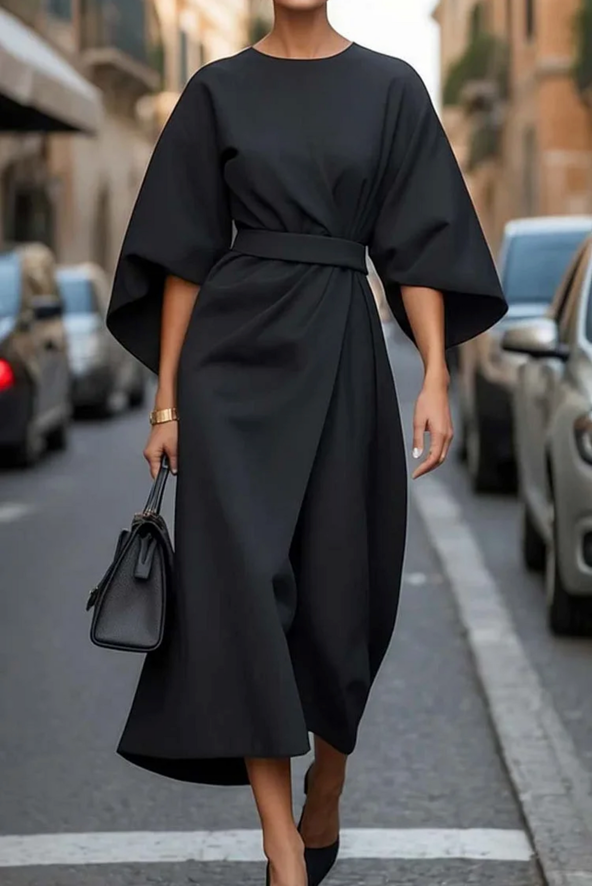Thea | Women's Lantern Sleeve Belted Maxi Dress