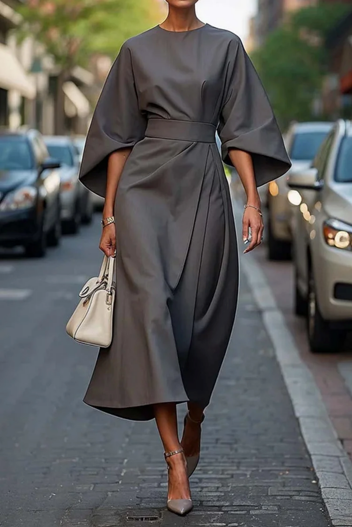 Thea | Women's Lantern Sleeve Belted Maxi Dress