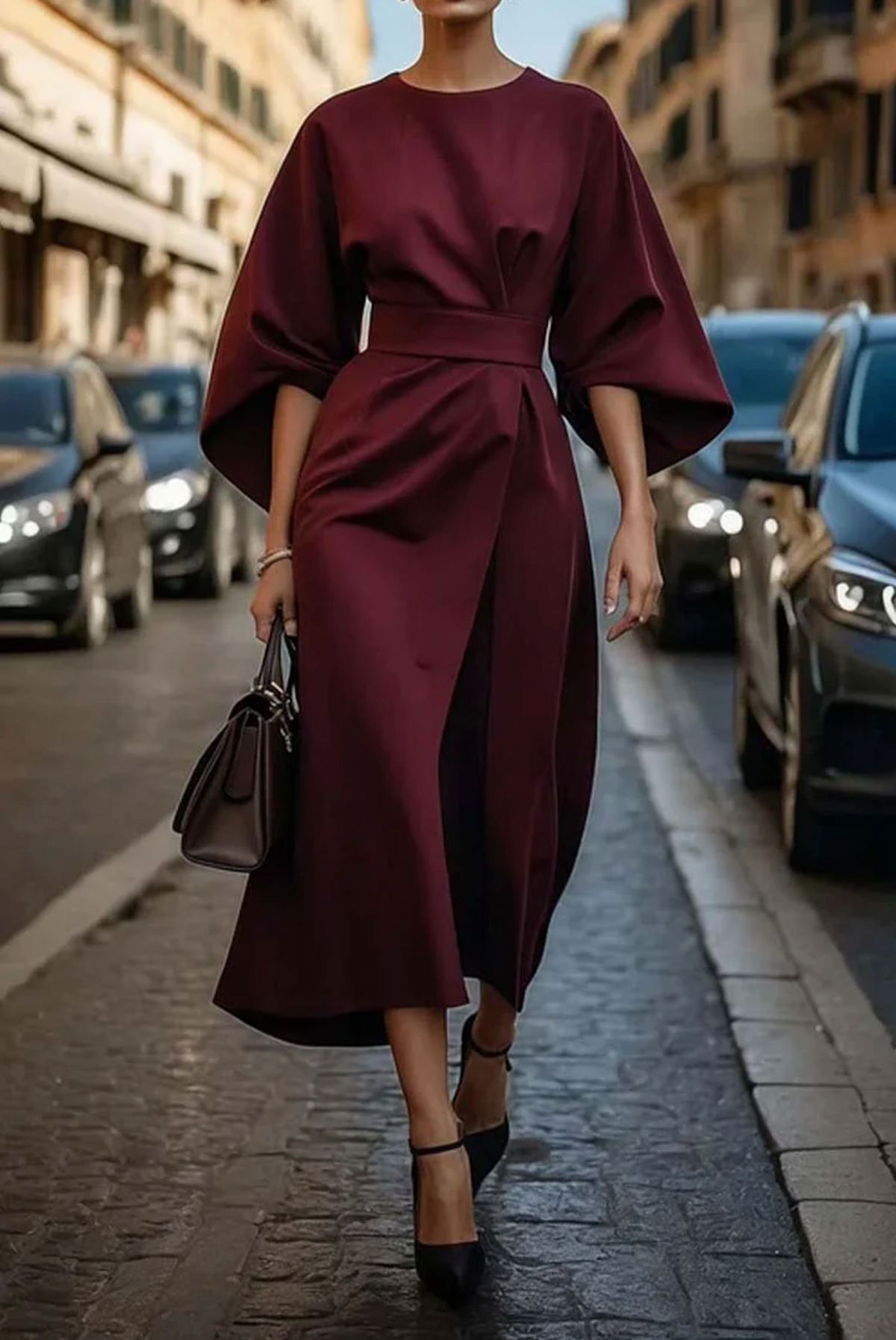 Thea | Women's Lantern Sleeve Belted Maxi Dress