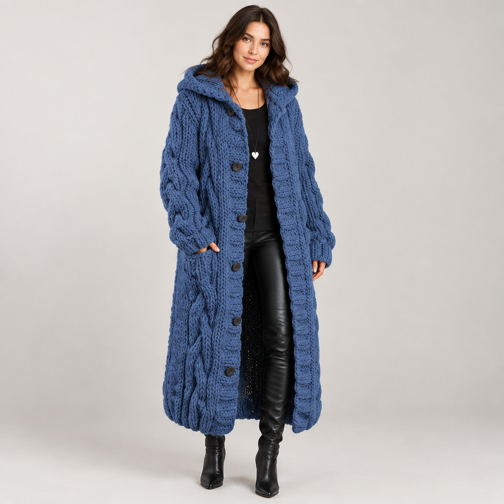 Hollis | Women's Long Hooded Chunky Cable Knit Cardigan