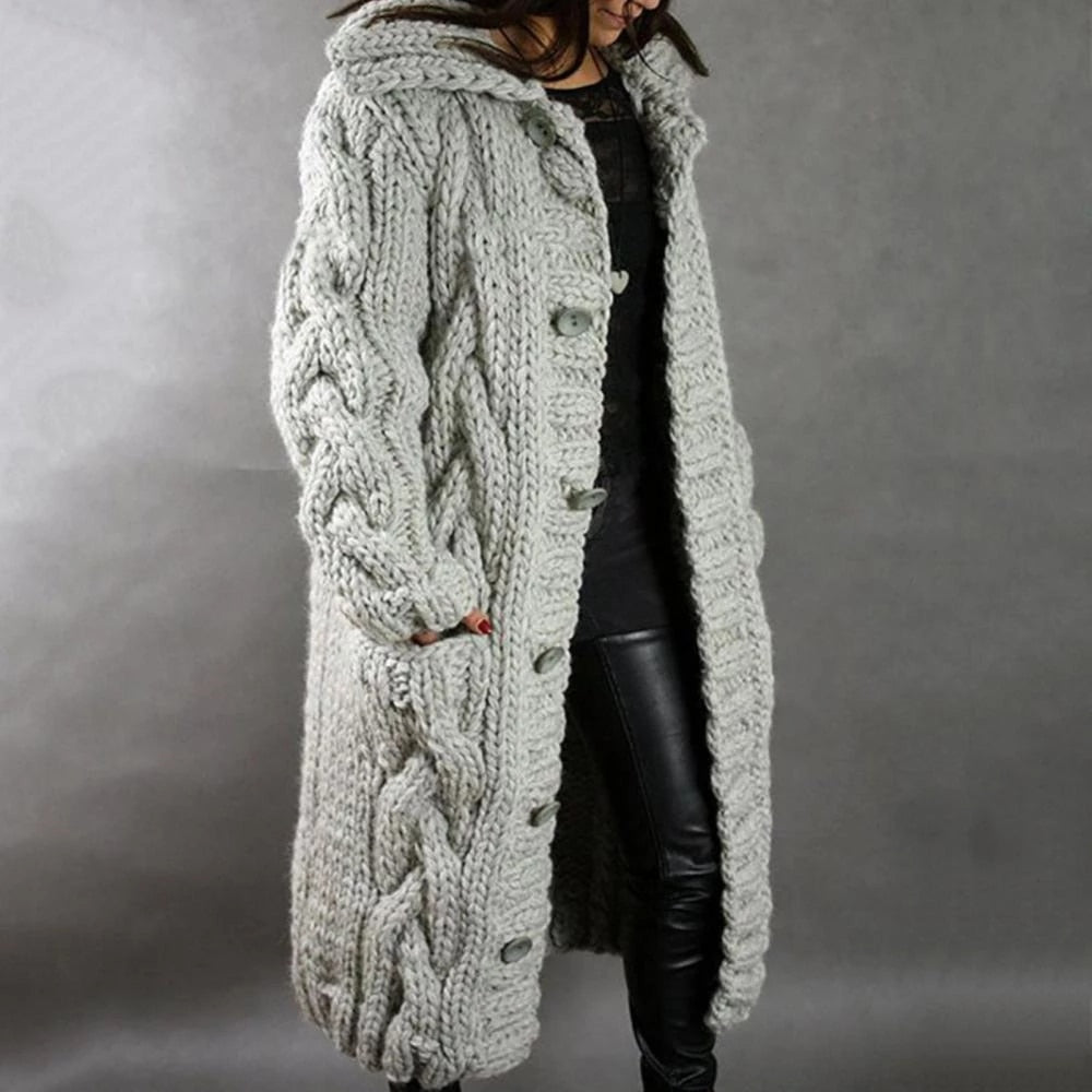 Hollis | Women's Long Hooded Chunky Cable Knit Cardigan