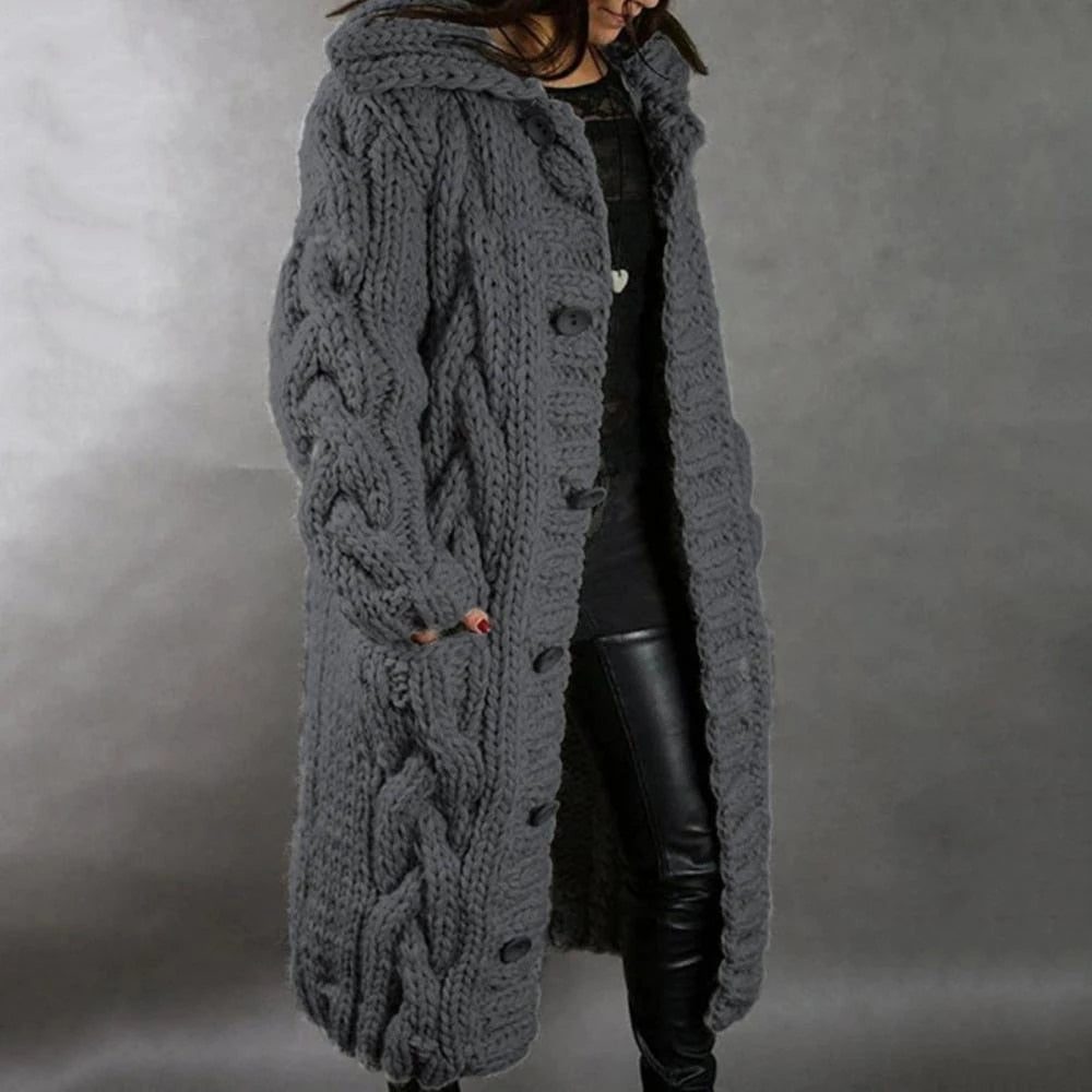 Hollis | Women's Long Hooded Chunky Cable Knit Cardigan