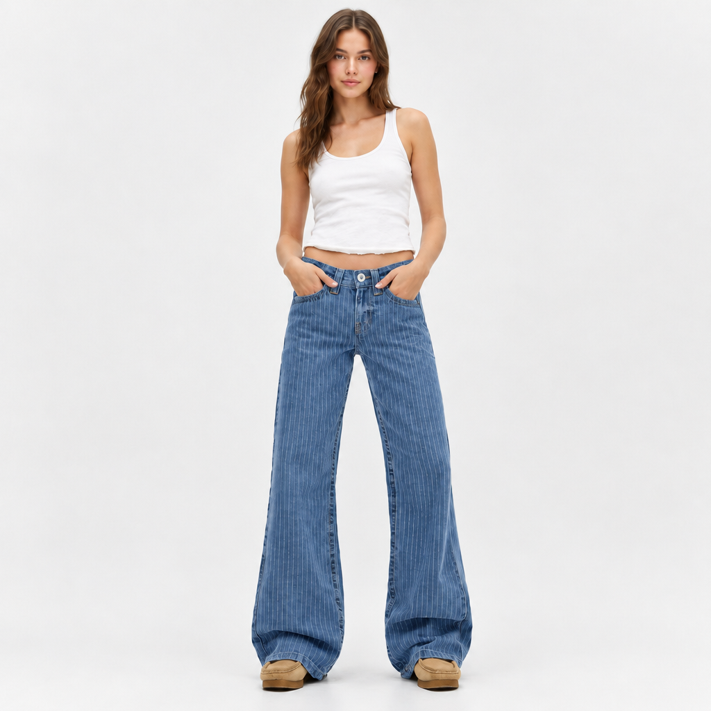 Lotte | Women's Mid Rise Pinstripe Wide Leg Jeans