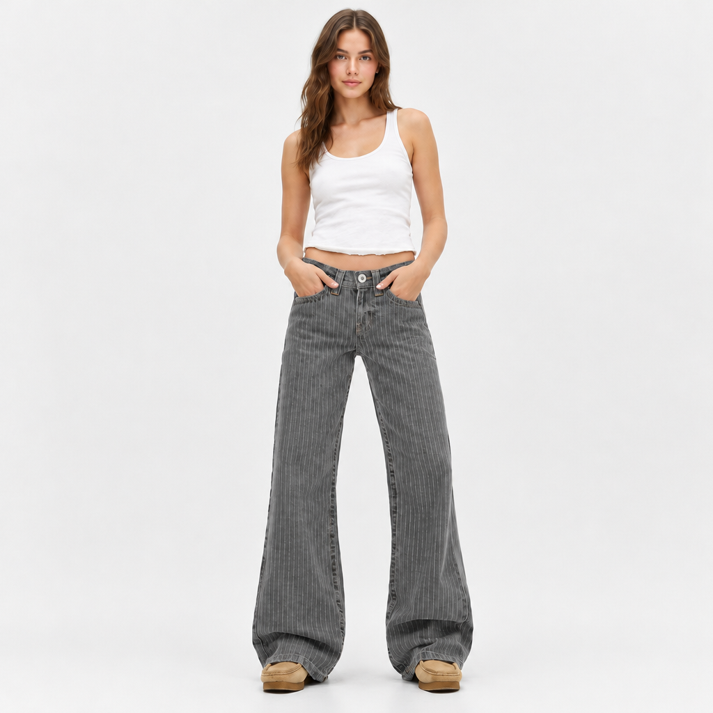 Lotte | Women's Mid Rise Pinstripe Wide Leg Jeans